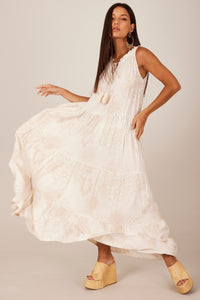 Vestido Regata Longo De Linho Babados Bege Estampado Yacamim C14