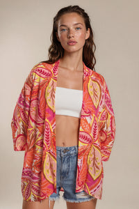Kimono Curto Com Mangas Longas Rosa Estampado Yacamim J3