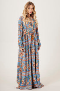 Vestido Longo Com Mangas Bufantes Azul Paisley Yacamim E26