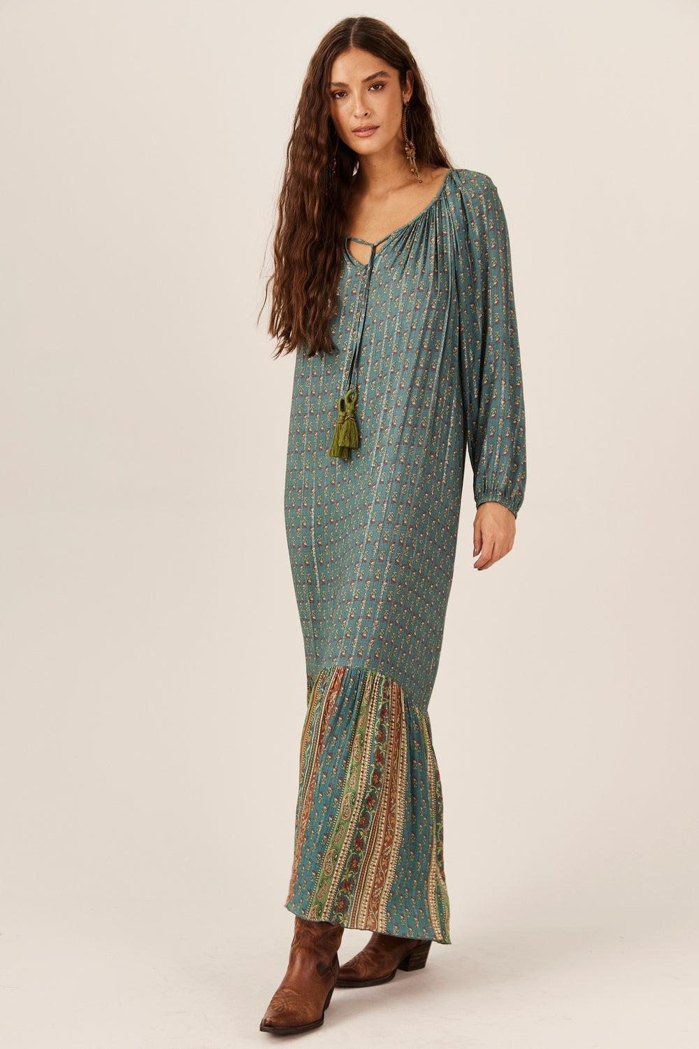 Vestido Longo Com Lurex Verde Patchwork Yacamim E19