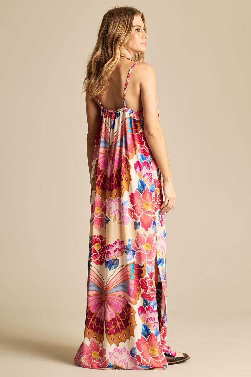 Vestido Longo De Alças Reguláveis Rosa Estampa Borboletas Yacamim E19