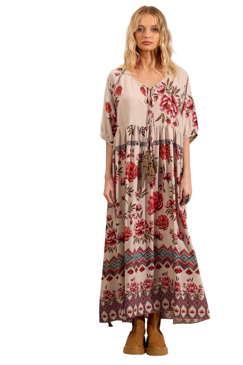 Vestido Longo Com Cordão De Pompons Bege Estampado Yacamim