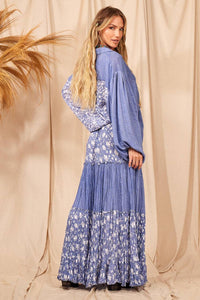 Chemise Amplo Com Mangas Longas Bufantes Azul Patchwork Yacamim E14