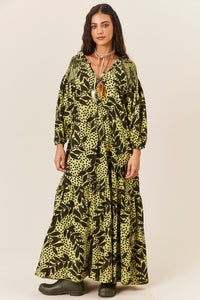 Vestido Longo Com Mangas Bufantes Verde Estampa Folhas Pretas Yacamim C2