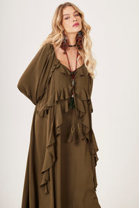 Vestido Longo Decote A Ombro Verde Musgo Yacamim C27 Liso