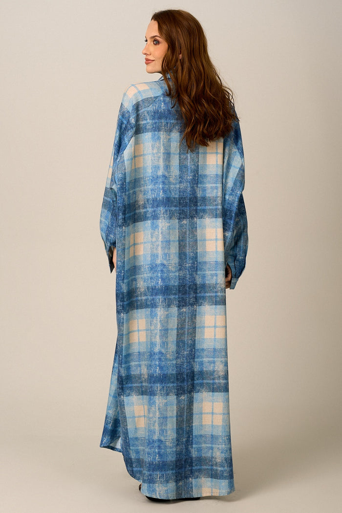 Chemise Longa De Algodão Azul Estampa Xadrez Yacamim M10