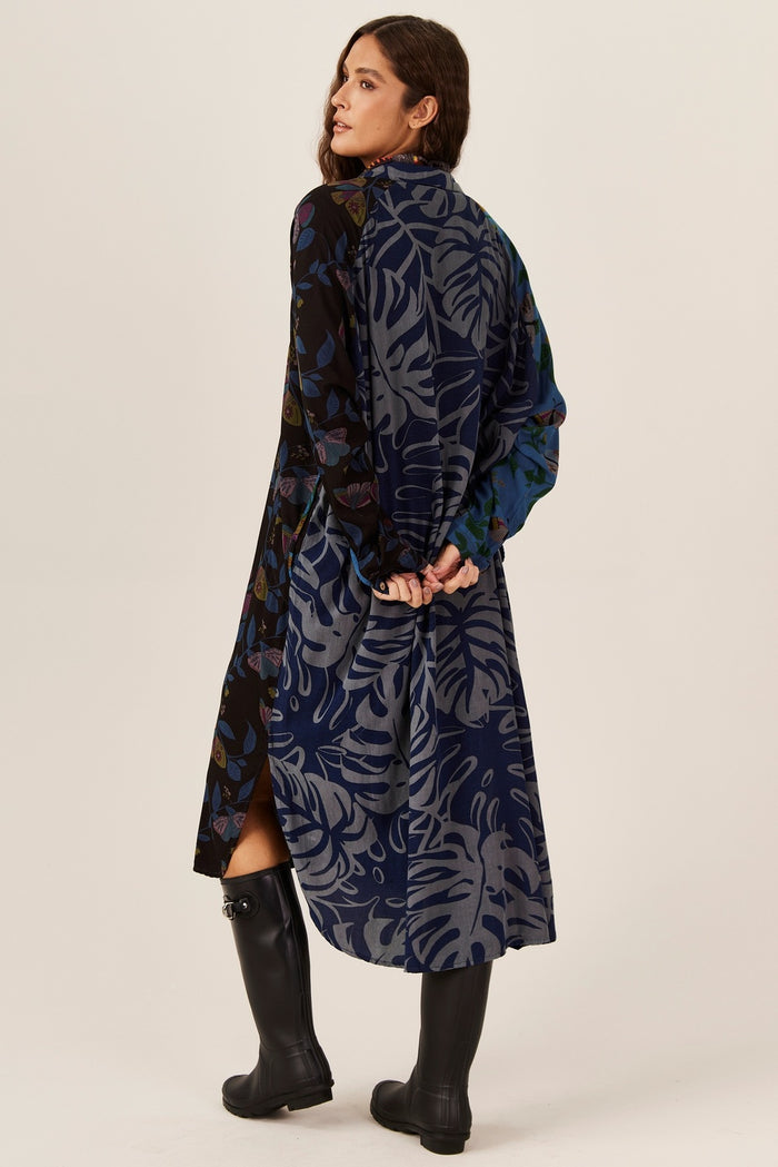 Chemise Longa Azul E Preto Patchwork Yacamim L7