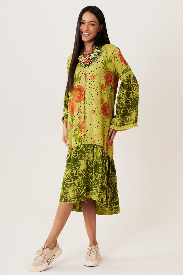 Chemise Midi Com Mangas Longas Verde Patchwork Yacamim N7