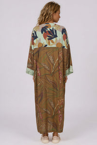 Kimono Longo Com Mangas Longas Verde Estampado Patchwork Yacamim J8