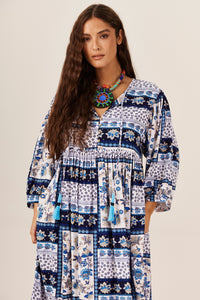 Vestido Midi Branco E Azul Geométrico Yacamim C8