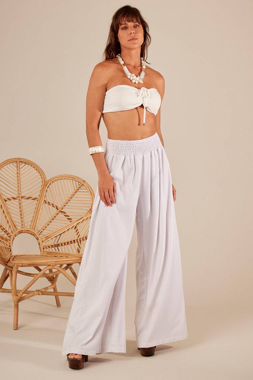 Calça Pantalona De Linho Branco Yacamim H1 Liso