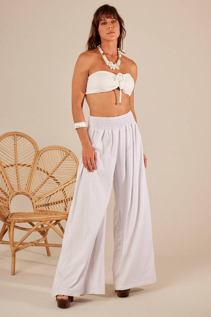 Calça Pantalona De Linho Branco Yacamim H1 Liso