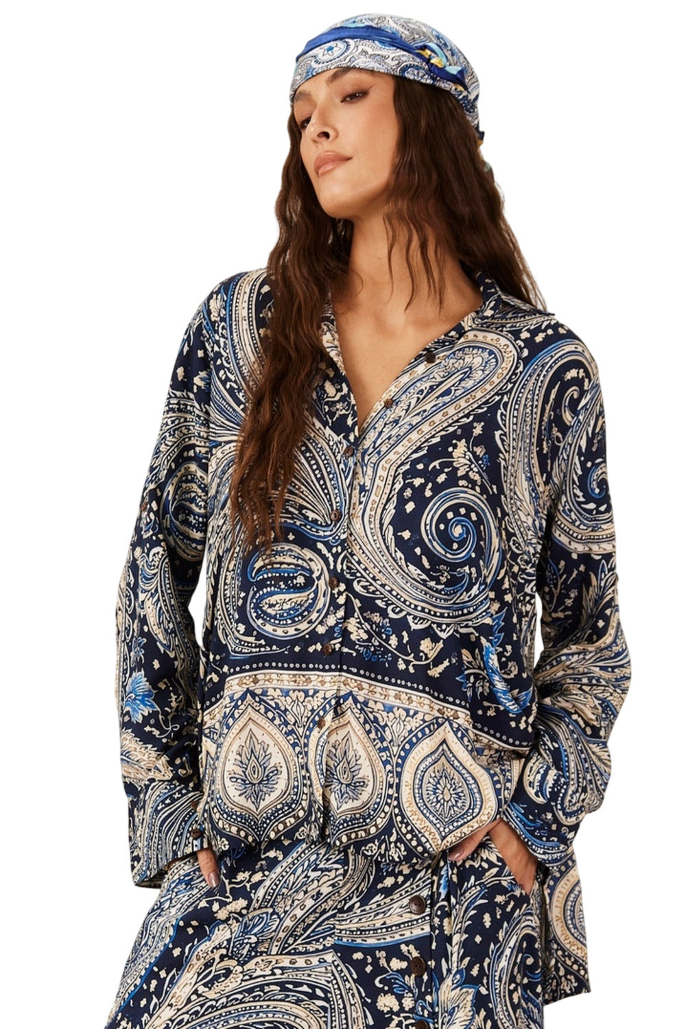 Camisa Ampla Godê Azul Estampa paisley Yacamim A21