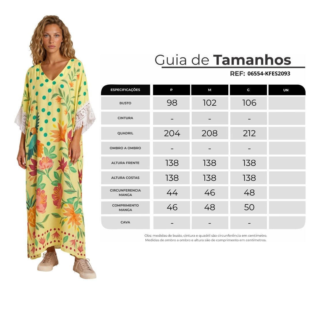 Kaftan Amplo Com Fendas Laterais Amarelo Estampado Coleção Manacá Yacamim J4