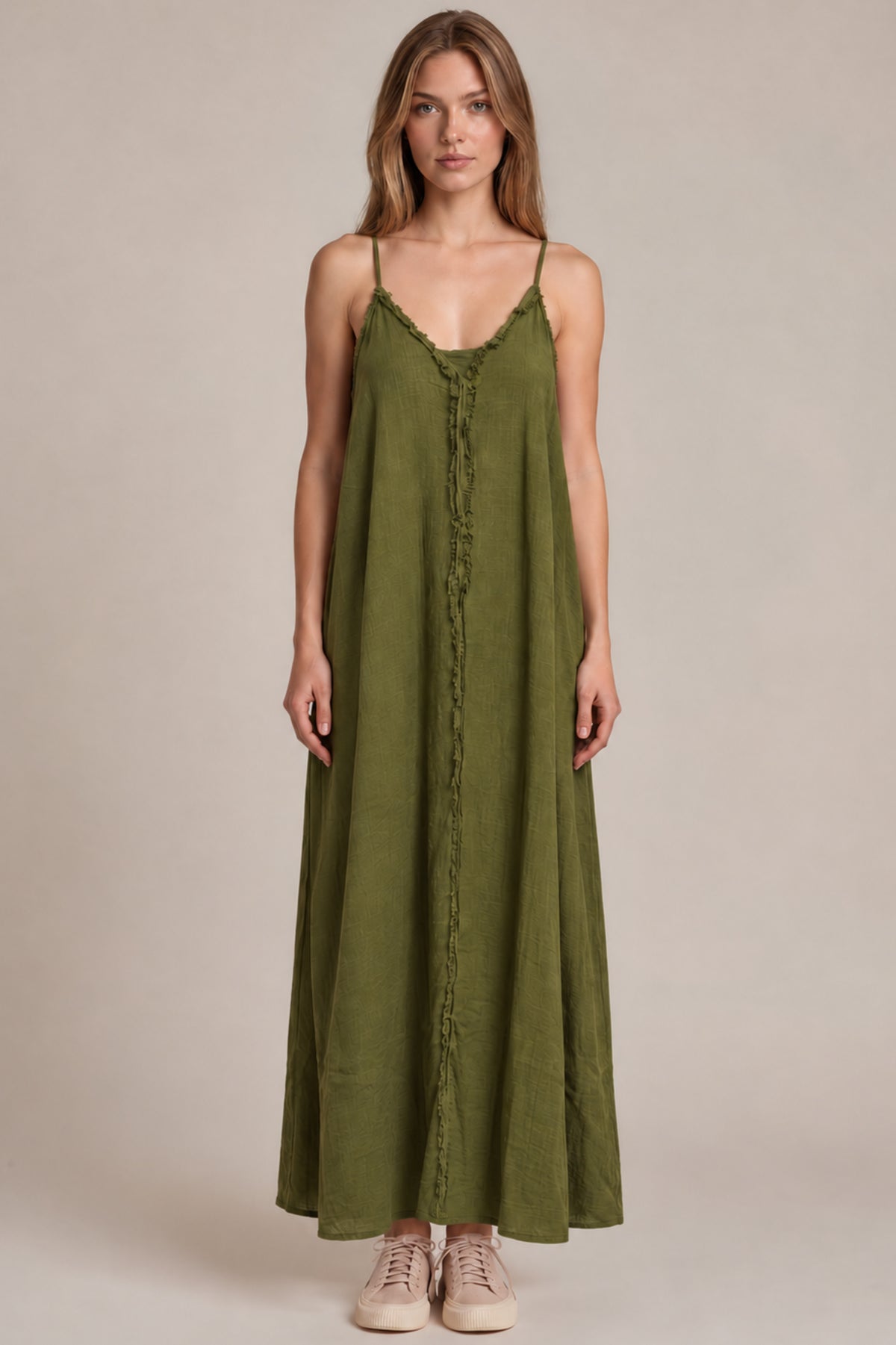 Vestido Longo Aragem Com Bolsos Laterais Verde Escuro Yacamim D22