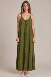 Vestido Longo Aragem Com Bolsos Laterais Verde Escuro Yacamim D22