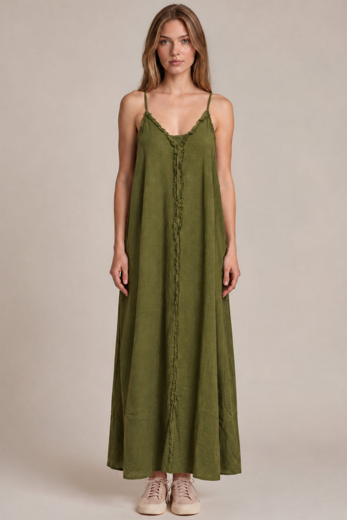 Vestido Longo Aragem Com Bolsos Laterais Verde Escuro Yacamim D22