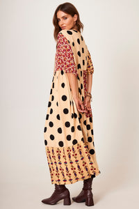 Vestido Midi Estampa De Poá Patchwork Marrom Claro Yacamim D15