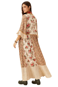 Vestido Com Jabô Bege Estampado Yacamim E18