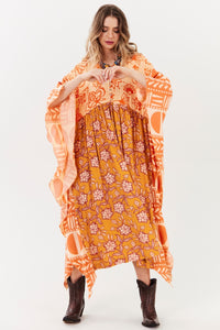 Kaftan Midi Amplo Laranja Estampado Patchwork Yacamim I3