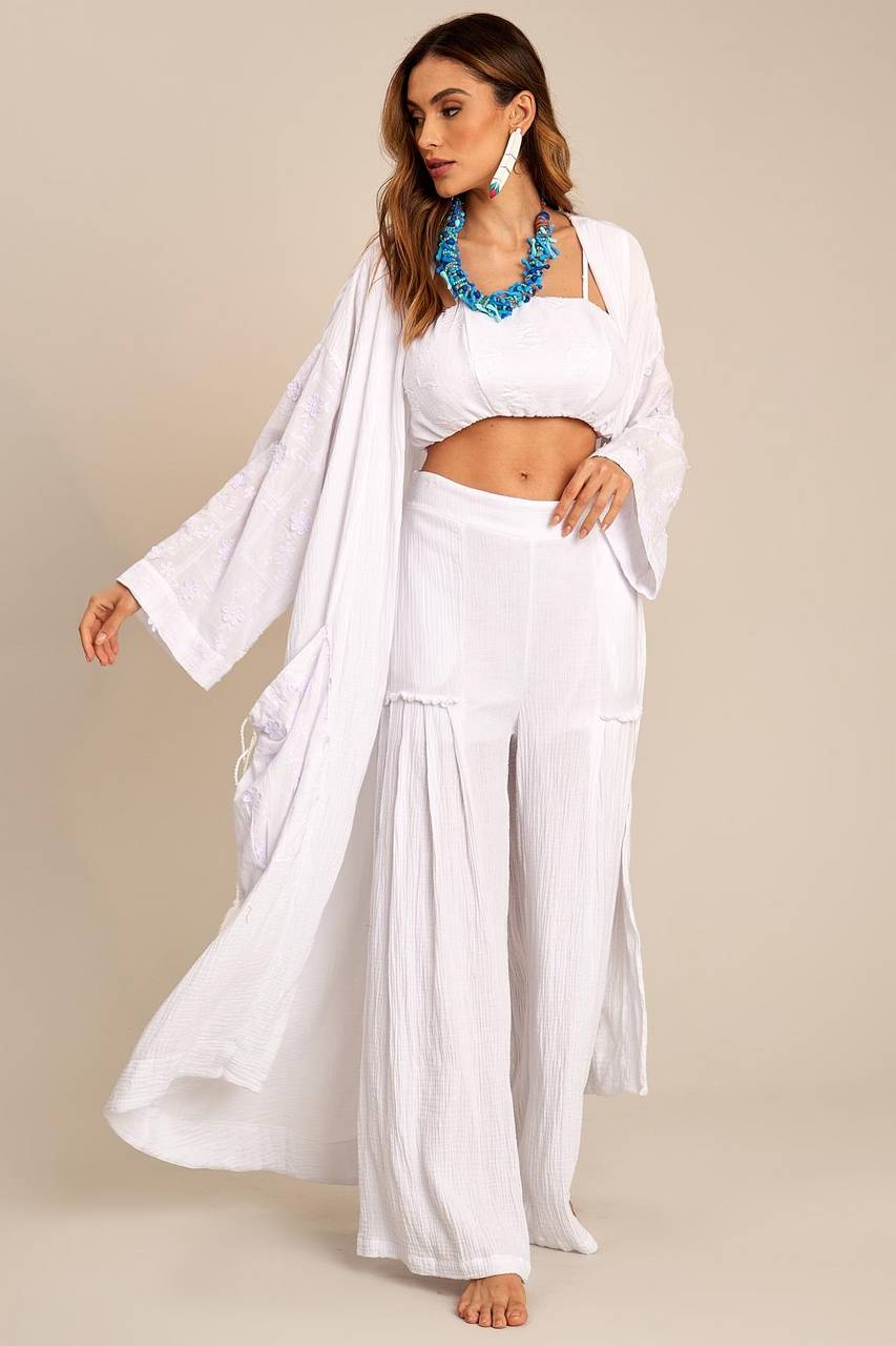 Calça Pantalona De Cintura Alta Branco Yacamim H2