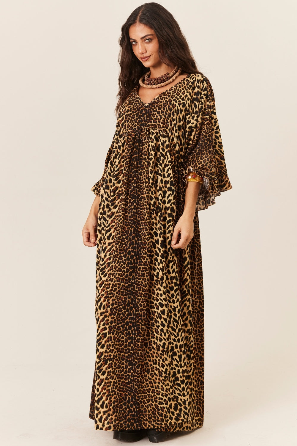 Vestido Longo Amplo Com Mangas 3/4 animal Print Yacamim D18