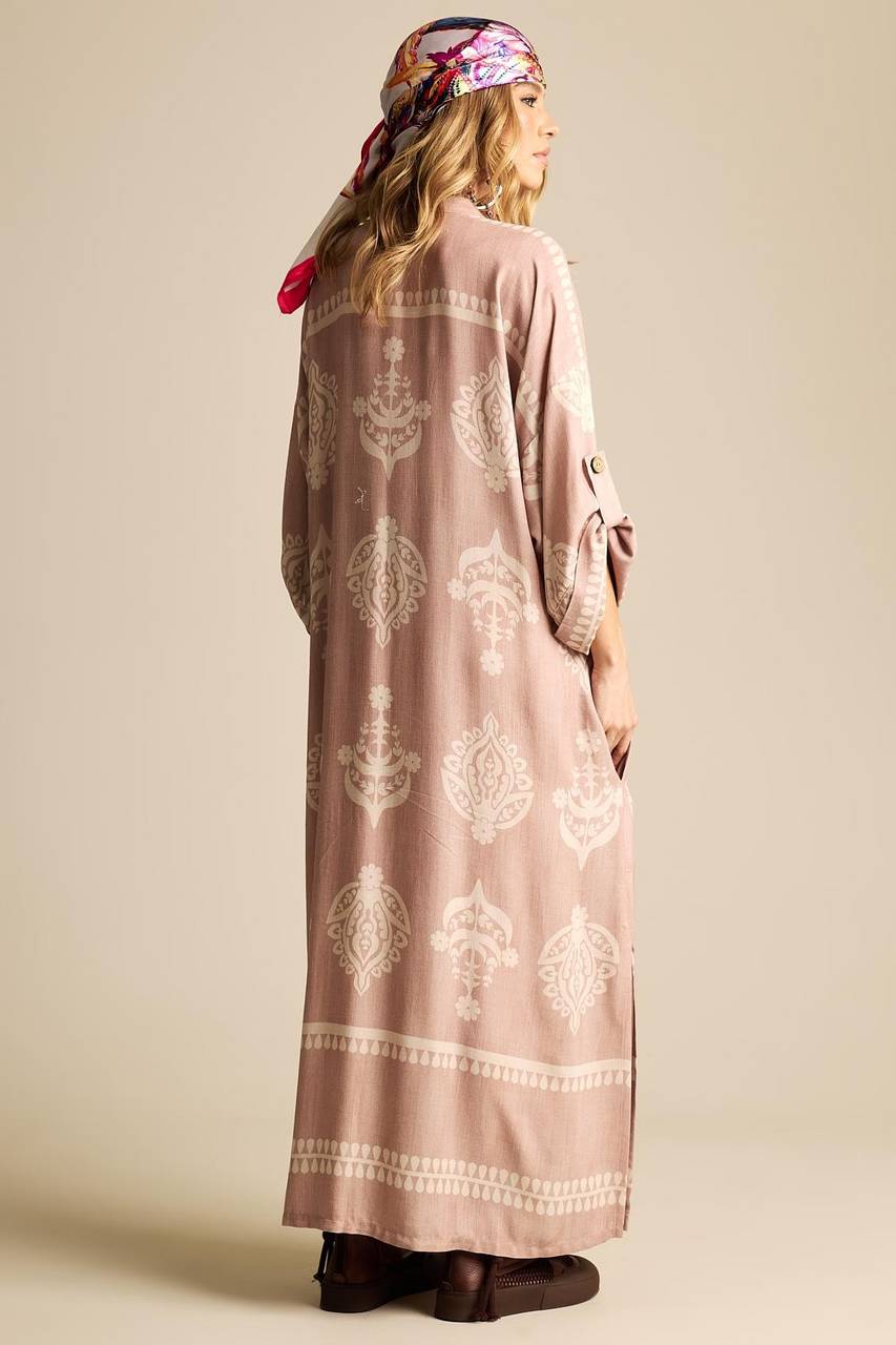 Vestido Longo Com Decote Em V Transpassado Marrom Claro Estampado Yacamim N3