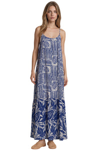 Vestido Longo Com Babado Azul Estampado Patchwork Yacamim C4