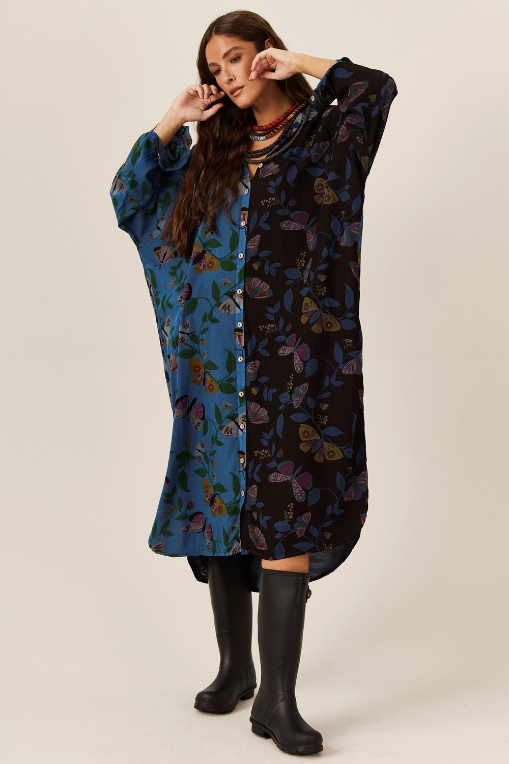 Chemise Longa Azul E Preto Patchwork Yacamim L7