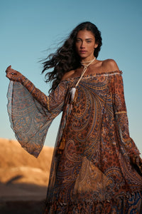 Vestido Longo De Tule Ciganinha Animal Print Paisley Yacamim E3