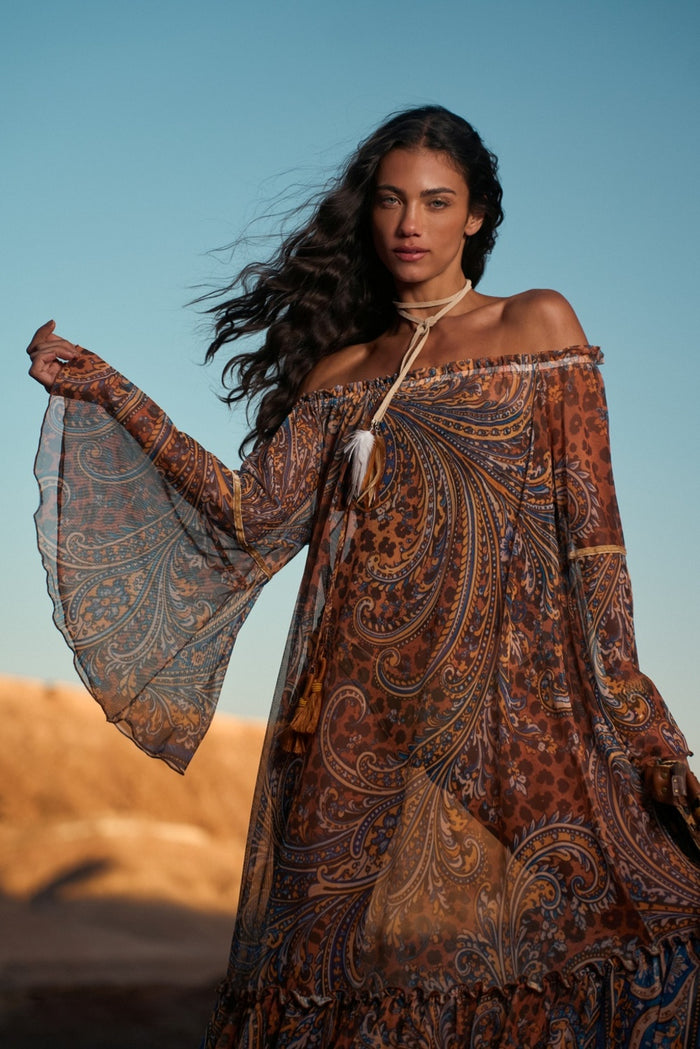 Vestido Longo De Tule Ciganinha Animal Print Paisley Yacamim E3