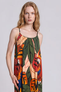 Vestido Longo De Alças Reguláveis Verde Estampa De Araras Yacamim E14