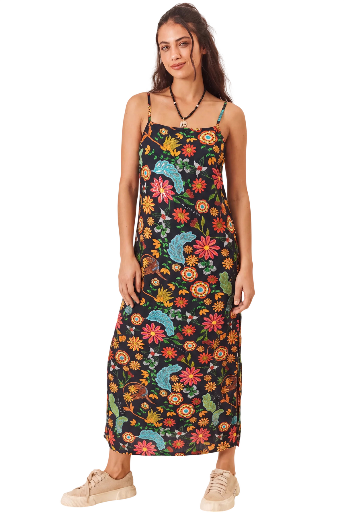 Vestido Midi Com Alças Reguláveis Preto Floral Yacamim T4