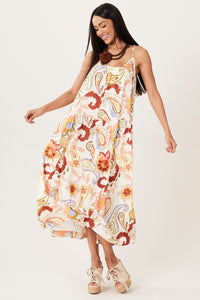 Vestido Midi De Alças Bege Estampa Paisley Yacamim D16