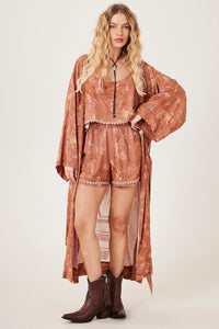 Conjunto Cropped E Shorts Marrom Claro Estampado Yacamim A9