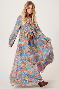 Vestido Longo Com Mangas Bufantes Azul Paisley Yacamim E26