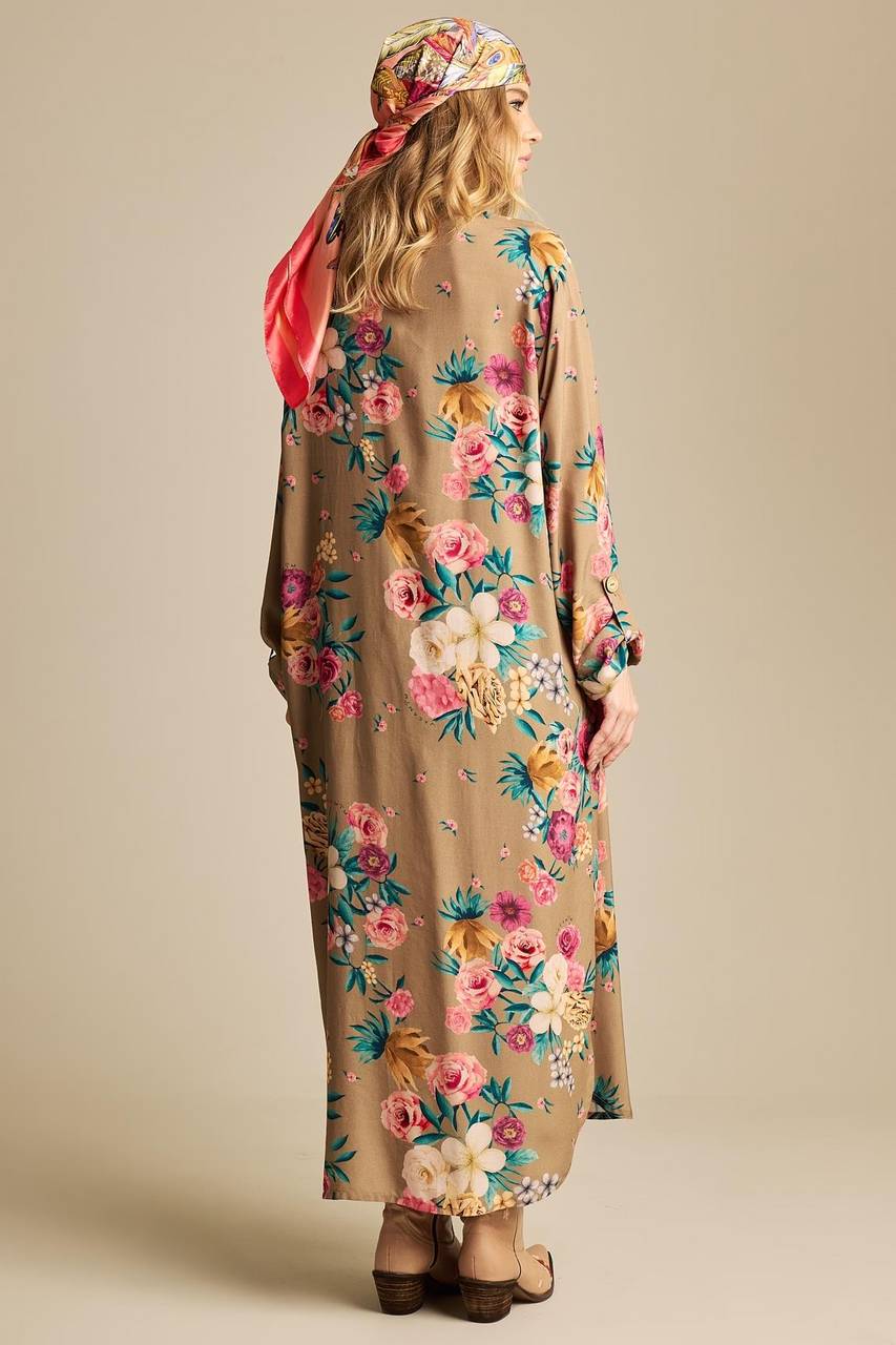 Chemise Longa Com Bolsos Marrom Estampado Yacamim N6