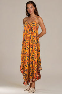 Vestido Midi De Alças Reguláveis Laranja Floral Patchwork Yacamim E7