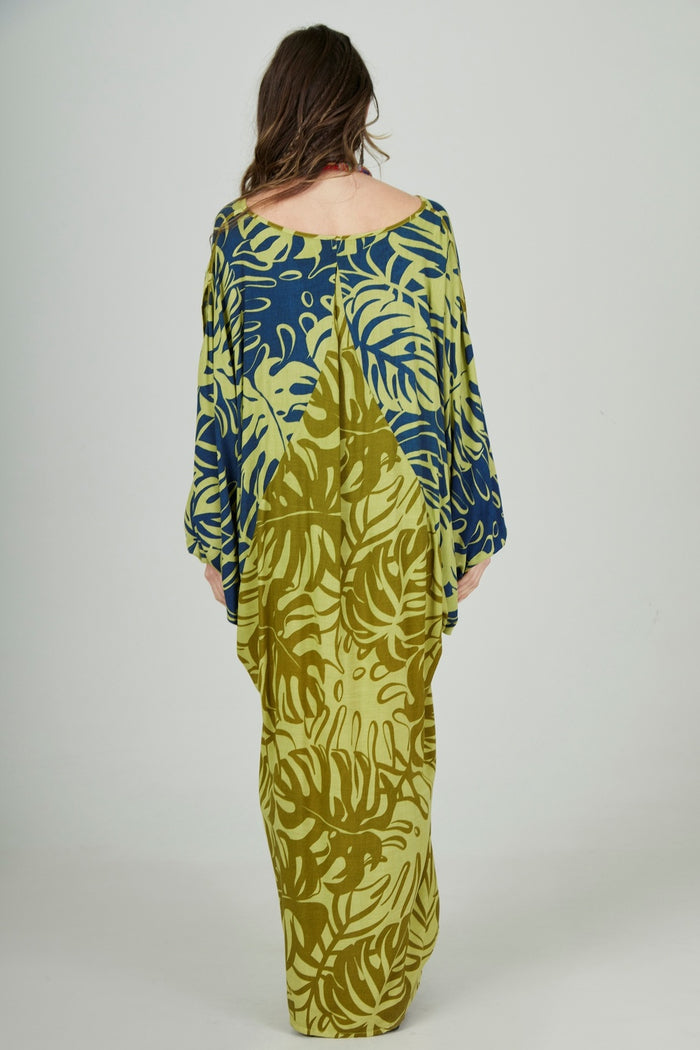 Vestido Longo Com Mangas Longas Verde Estampado Yacamim E7
