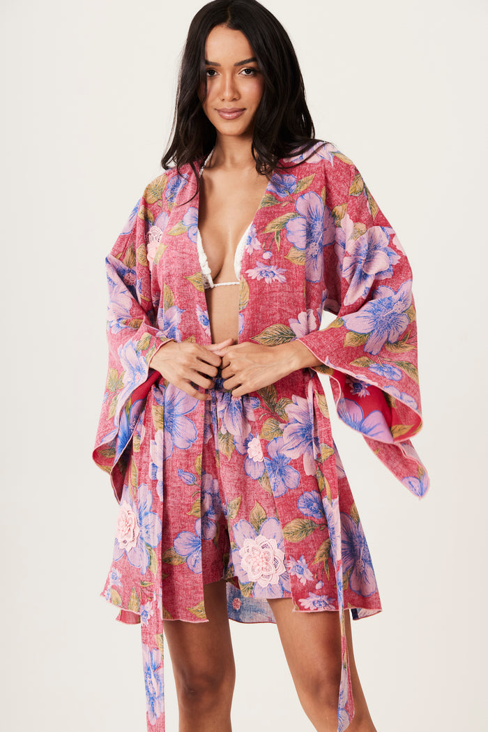 Kimono Curto Inhotim 100% Algodão Vermelho Floral Yacamim R6