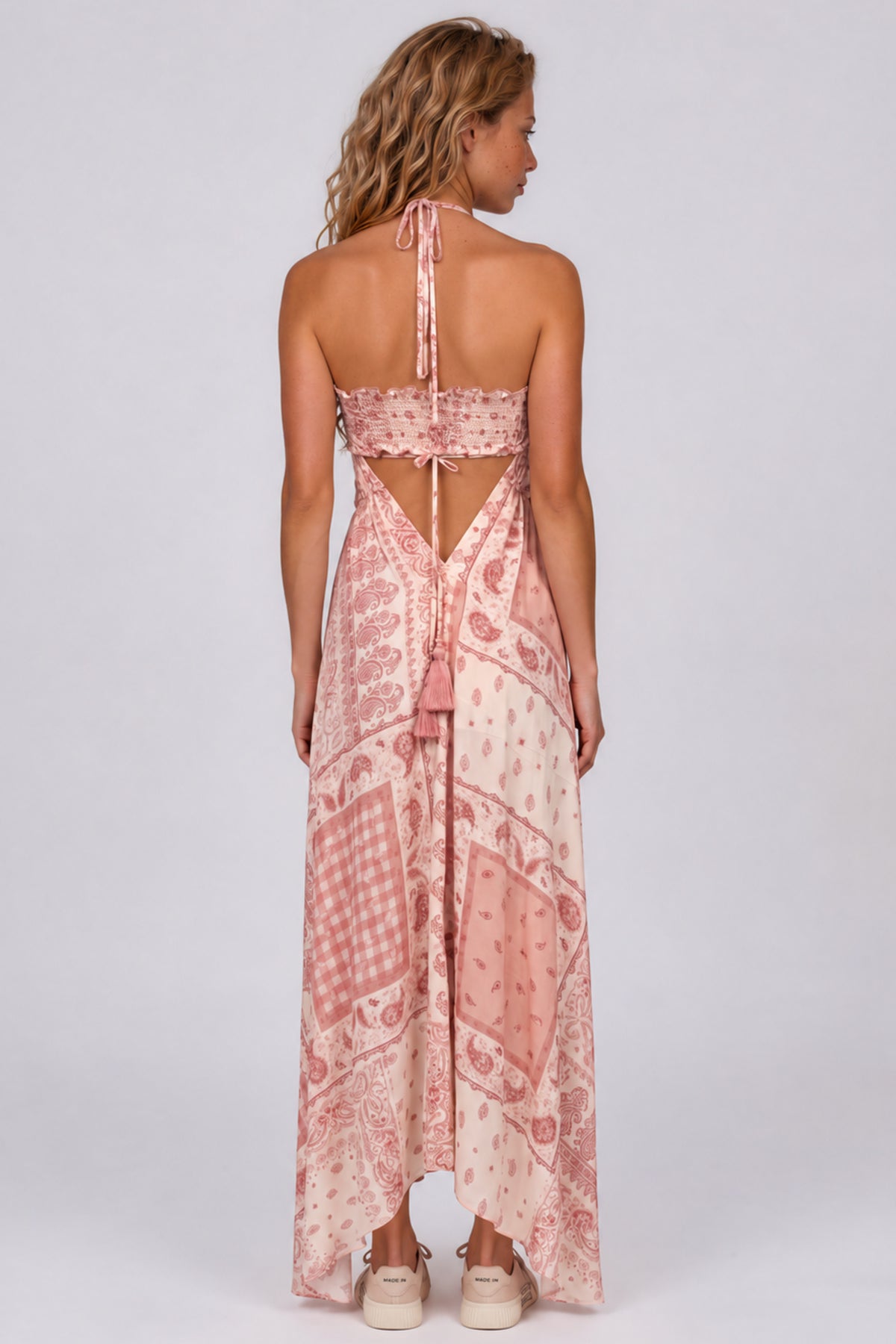 Vestido Lenço Frente Única Com Pontas E Top Rosé Paisley Yacamim D19