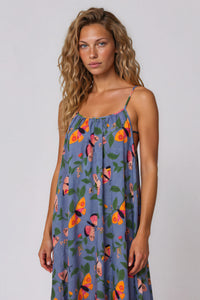 Vestido Midi De Alças Azul Petróleo Estampa De Borboletas Yacamim E6