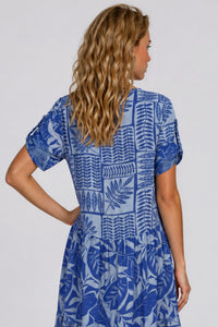 Vestido Midi Com Mangas Curtas Azul Patchwork Yacamim E24