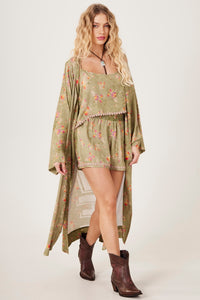 Kimono Longo Verde Oliva Estampa Love Yacamim J10