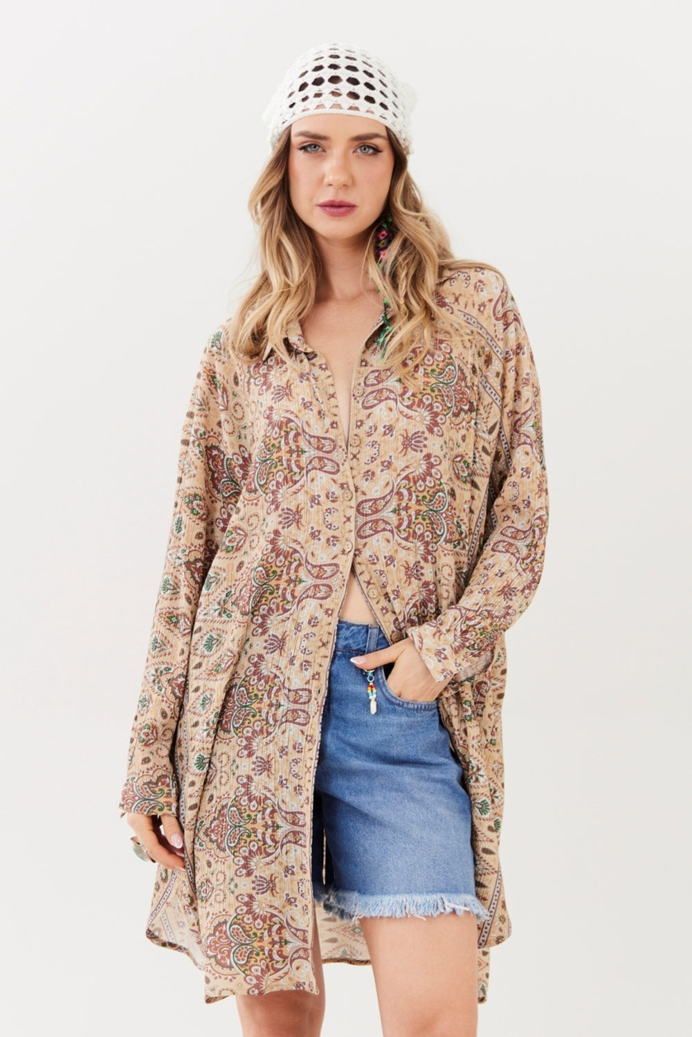Chemise Curta Manga Longa Bege Paisley Yacamim L3