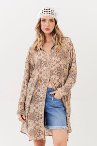 Chemise Curta Manga Longa Bege Paisley Yacamim L3