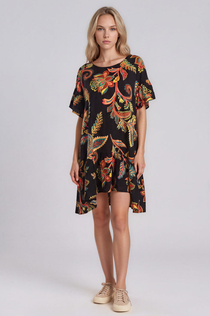Vestido Curto Com Mangas Curtas Preto Estampado Yacamim D14