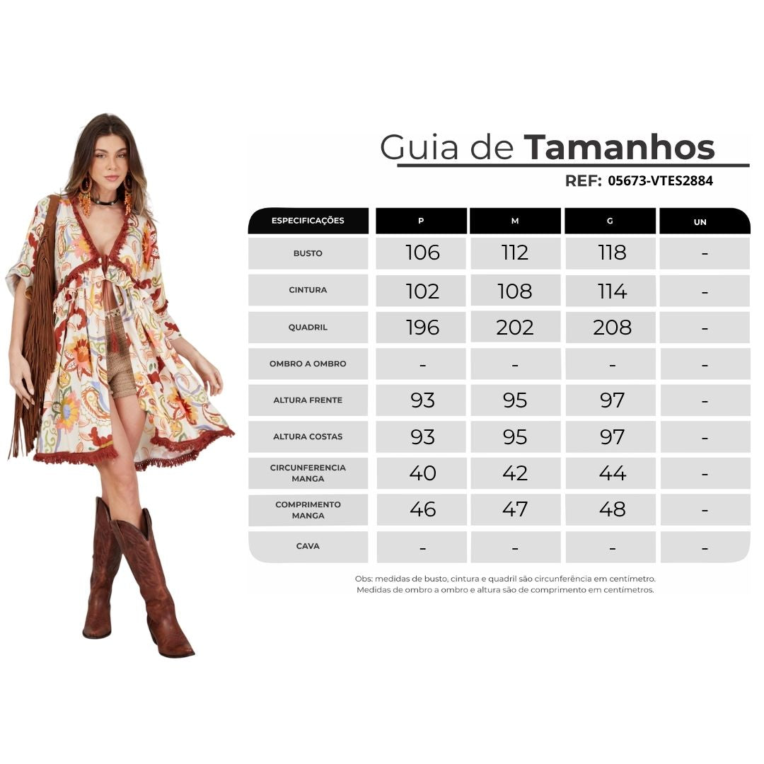 Vestido Curto Aberto Com Franjas Bege Paisley Yacamim E5