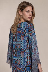 Kimono Longo Amplo Com Franjas Azul Patchwork Yacamim J9