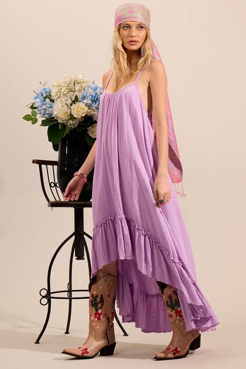 Vestido Mullet Com Alças Reguláveis E Babado Na Barra Lilás Yacamim -c27